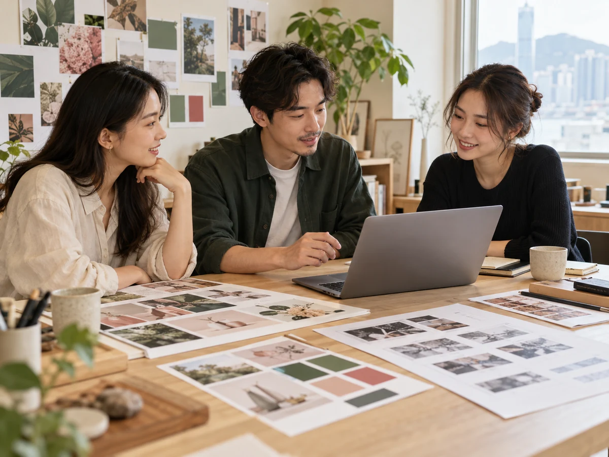 AI-generated marketing planning scene with three creative colleagues discussing a laptop, colour swatches and storyboards