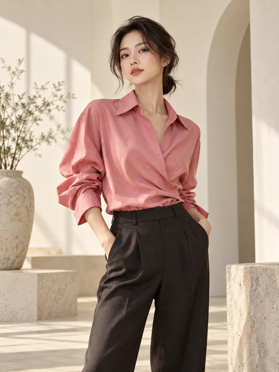 AI-generated fashion concept of an East Asian woman in a raspberry-pink shirt