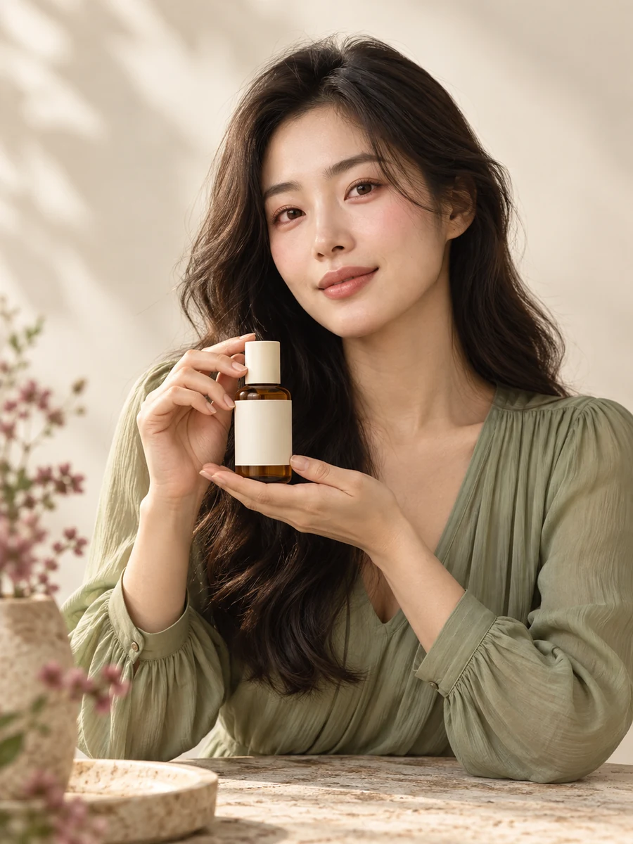 AI-generated product concept of an East Asian woman in a sage blouse presenting an amber skincare bottle