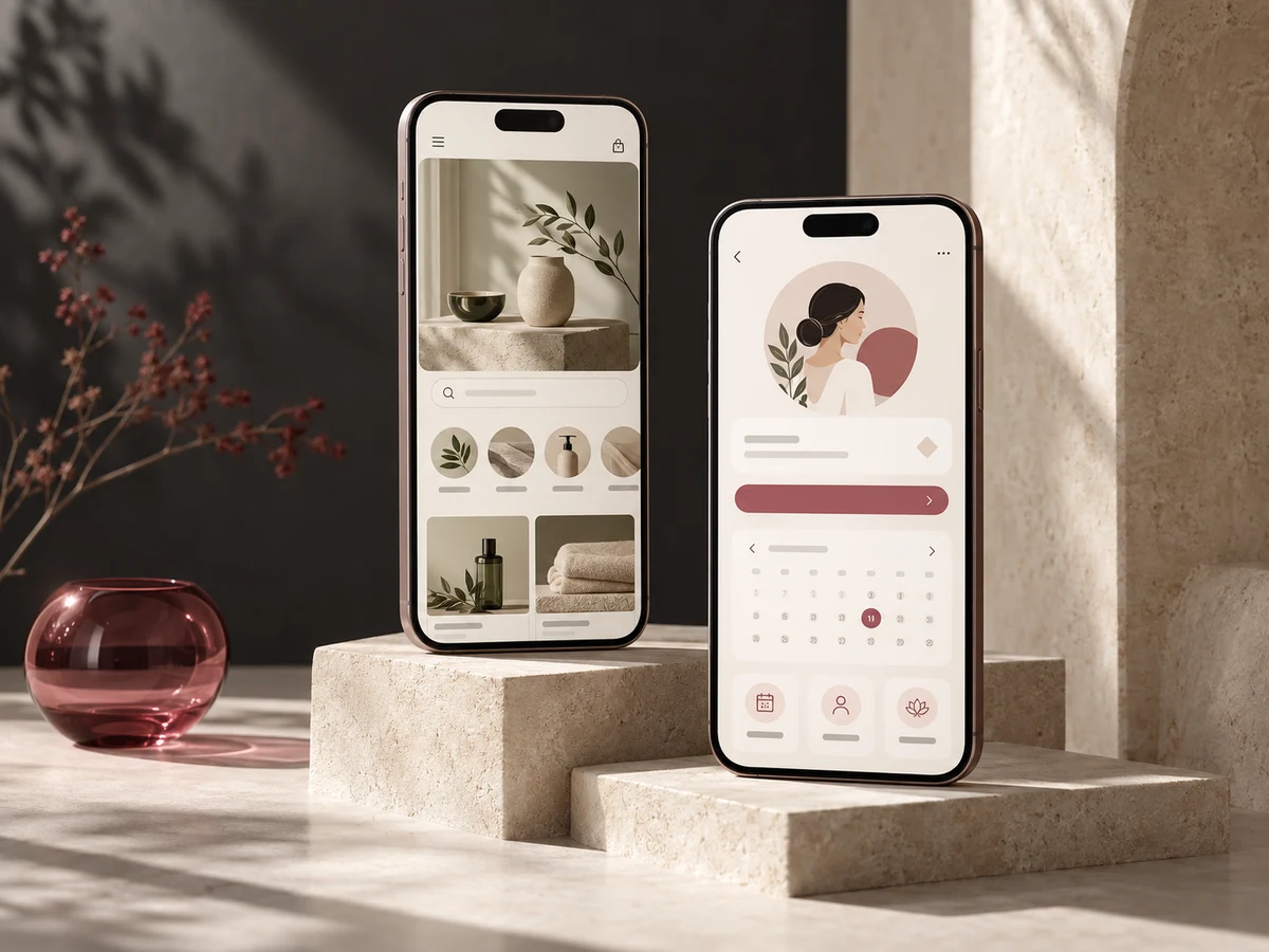 AI-generated mobile app concept showing membership, booking and content interfaces on two phones