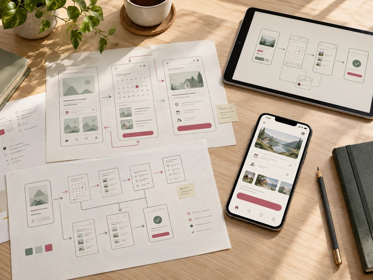 AI-generated app planning workspace with paper user journeys, wireframes and a mobile booking interface