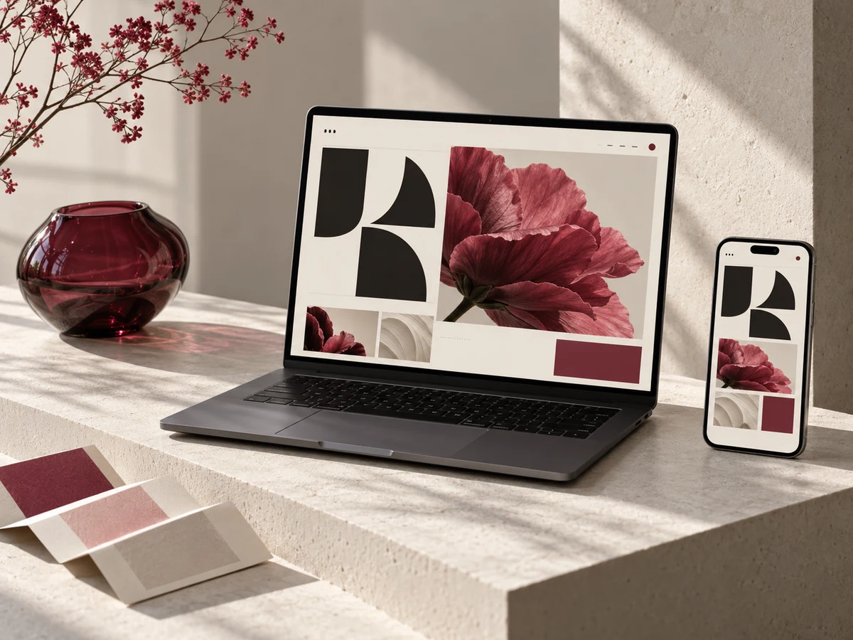 AI-generated brand website concept with coordinated editorial interfaces on an ivory laptop and phone