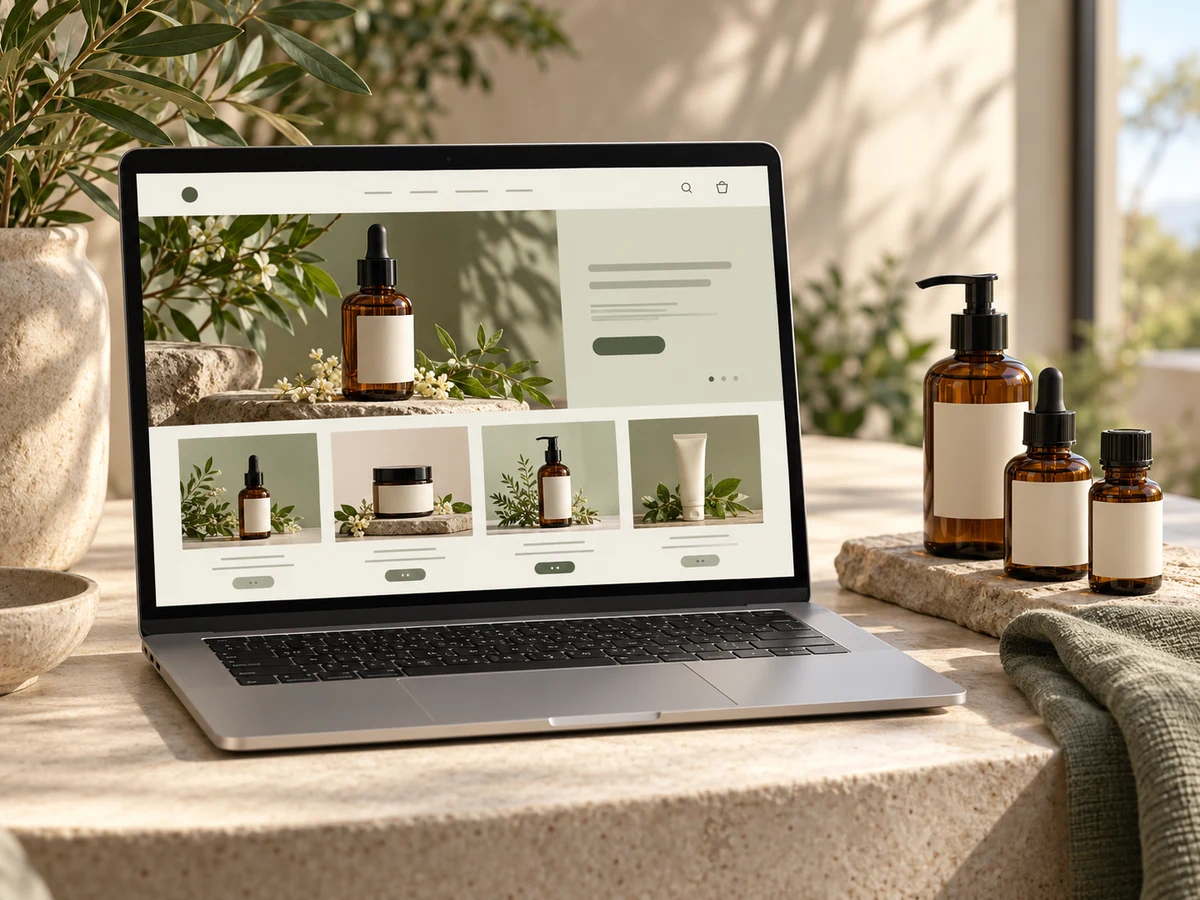 AI-generated online store concept featuring a sage skincare shop interface and amber product bottles