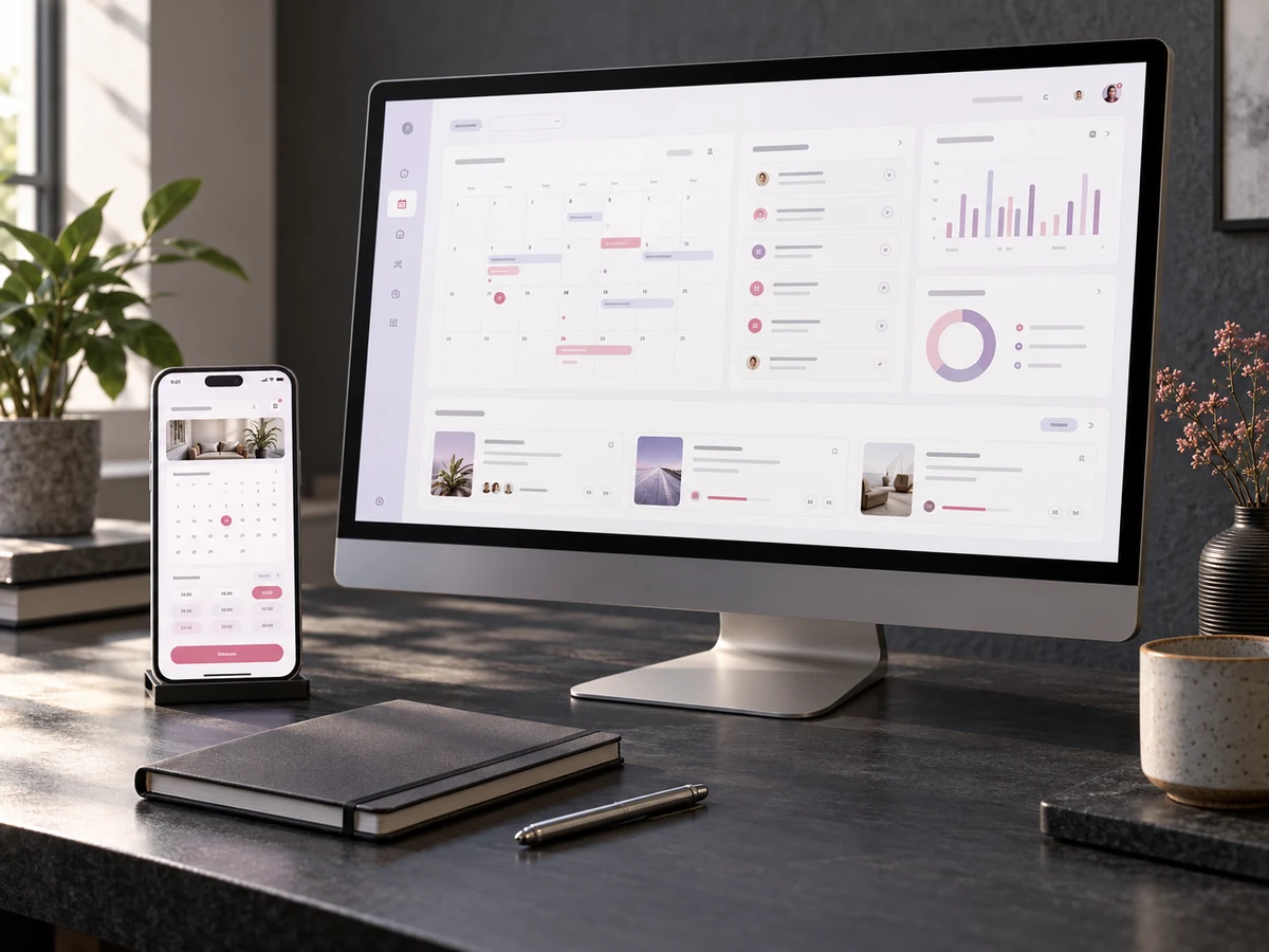 AI-generated web app concept showing booking and project management interfaces on desktop and phone