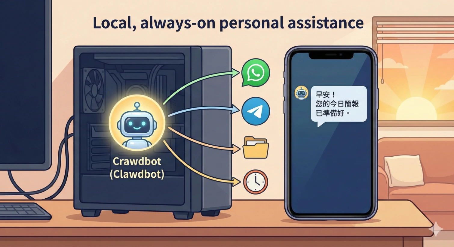 圖一:Crawdbot 是一個住在你本地電腦中的 AI 助理,它能主動透過通訊軟體與你聯繫,並管理你的檔案與行程 圖一:Crawdbot 是一個住在你本地電腦中的 AI 助理,它能主動透過通訊軟體與你聯繫,並管理你的檔案與行程